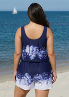 Navy White Floral Flattering Wide Straps Pocket Plus Size Swimsuit One Piece Swim Romper
