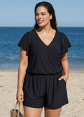 Black Short Sleeves Pocket Curvy 1 Piece Bathing Suits Romper One Piece Swimsuit