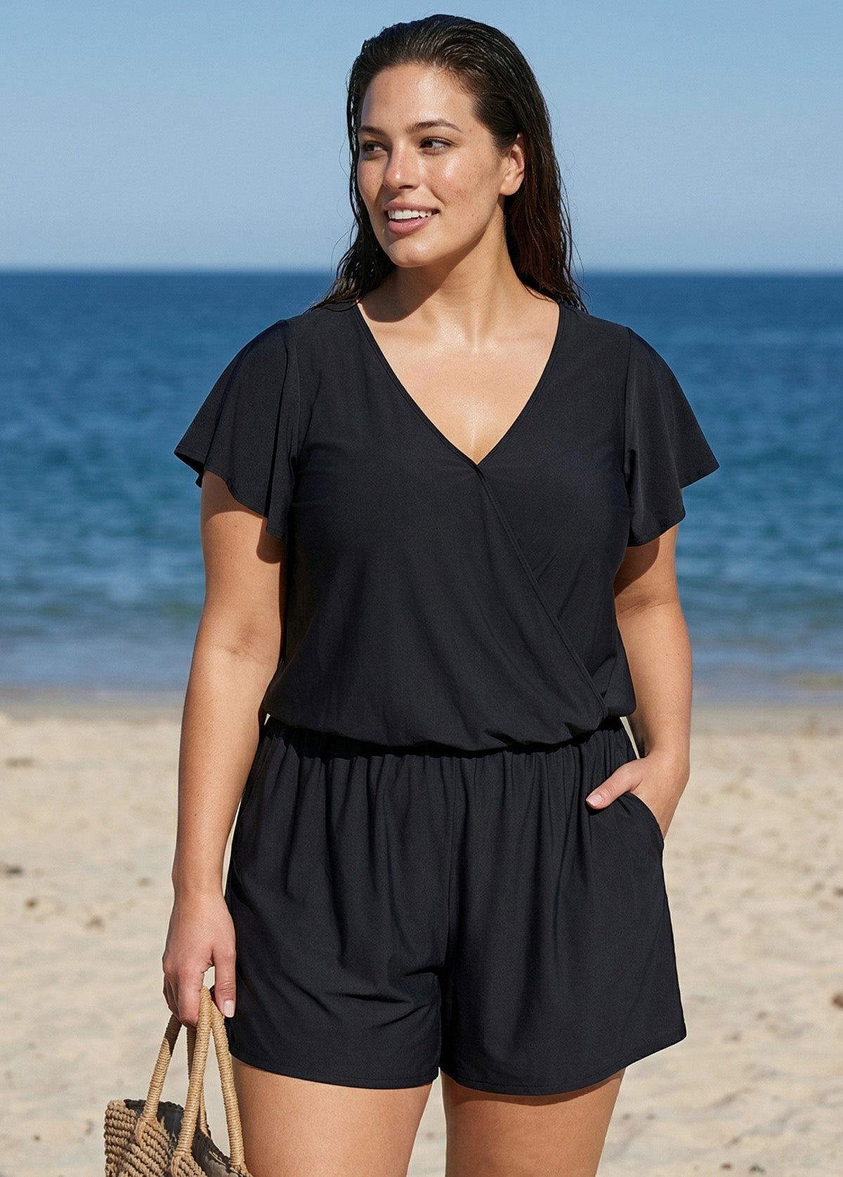 Black Short Sleeves Pocket Curvy 1 Piece Bathing Suits Romper One Piece Swimsuit