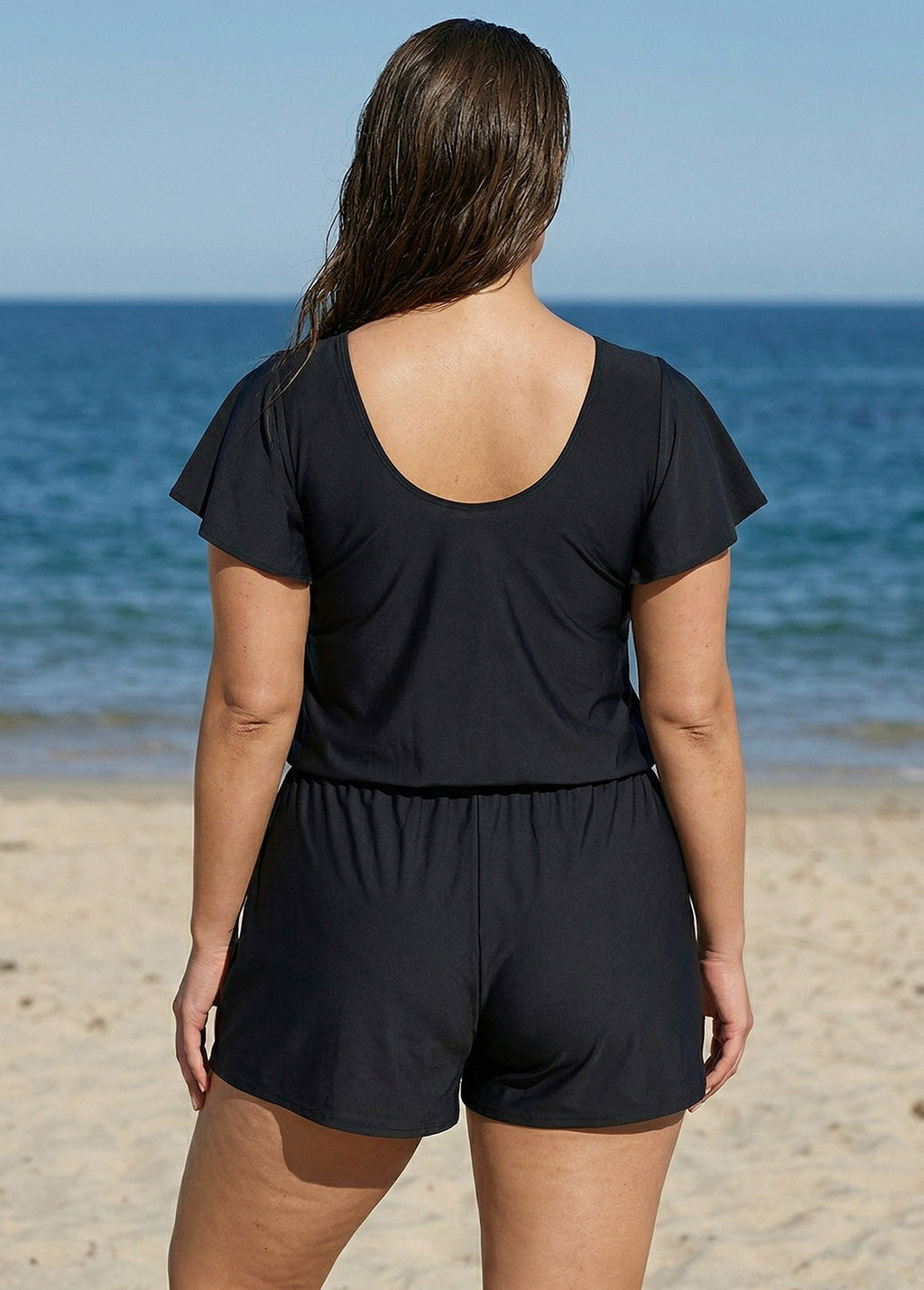 Black Short Sleeves Pocket Curvy 1 Piece Bathing Suits Romper One Piece Swimsuit