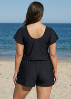 Black Short Sleeves Pocket Curvy 1 Piece Bathing Suits Romper One Piece Swimsuit
