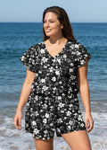 Curvy Black Floral UPF50+ Short Sleeves Pocket Women's Swimsuit One Piece Swim Romper