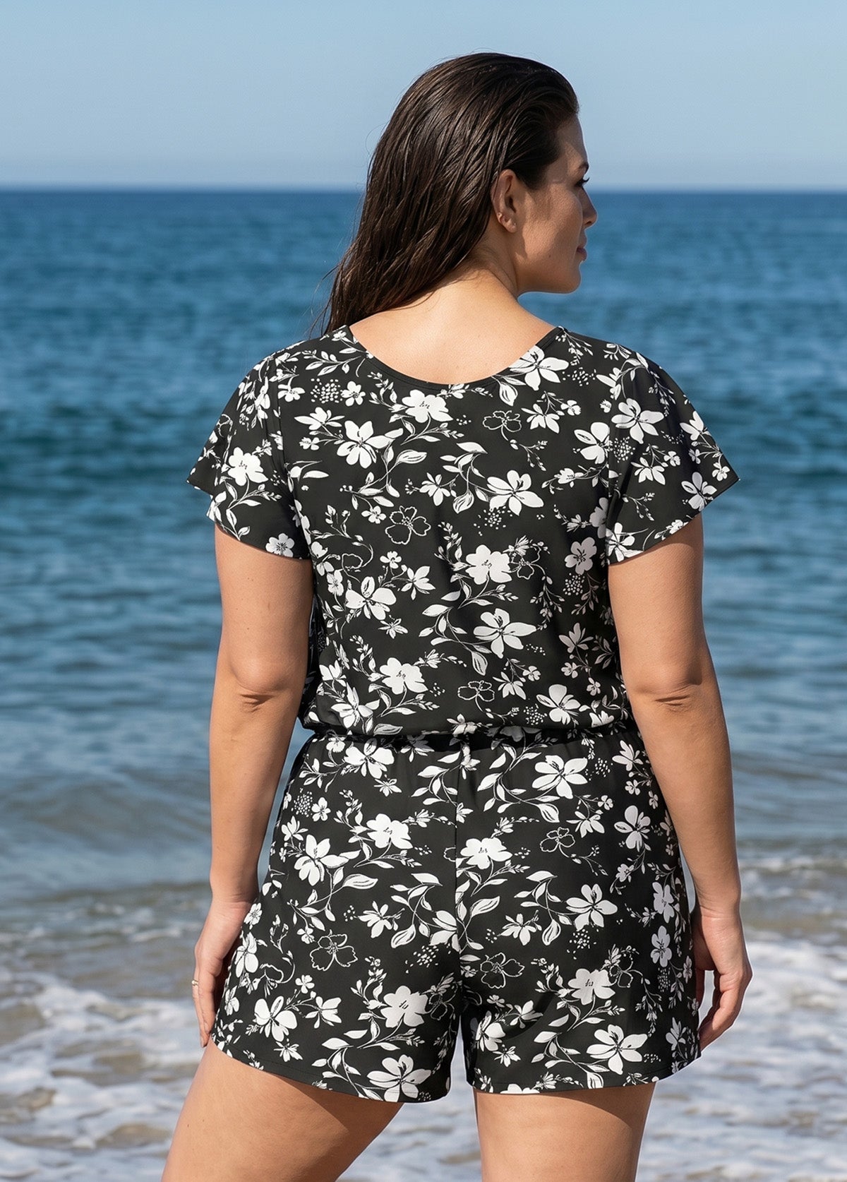 Curvy Black Floral UPF50+ Short Sleeves Pocket Women's Swimsuit One Piece Swim Romper