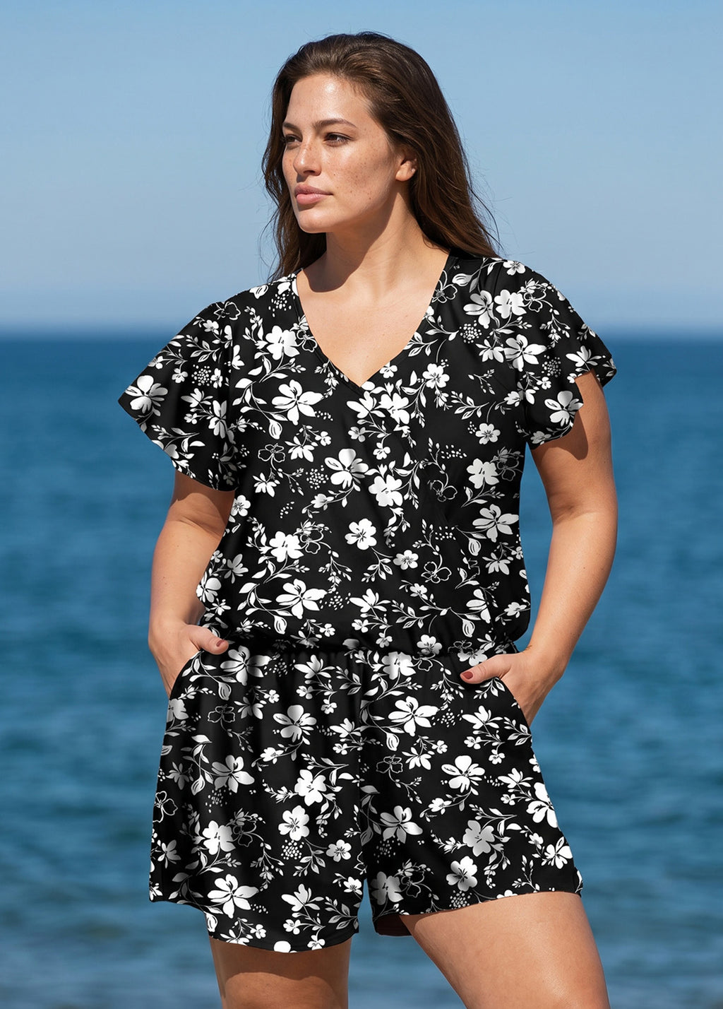 Curvy Black Floral UPF50+ Short Sleeves Pocket Women's Swimsuit One Piece Swim Romper