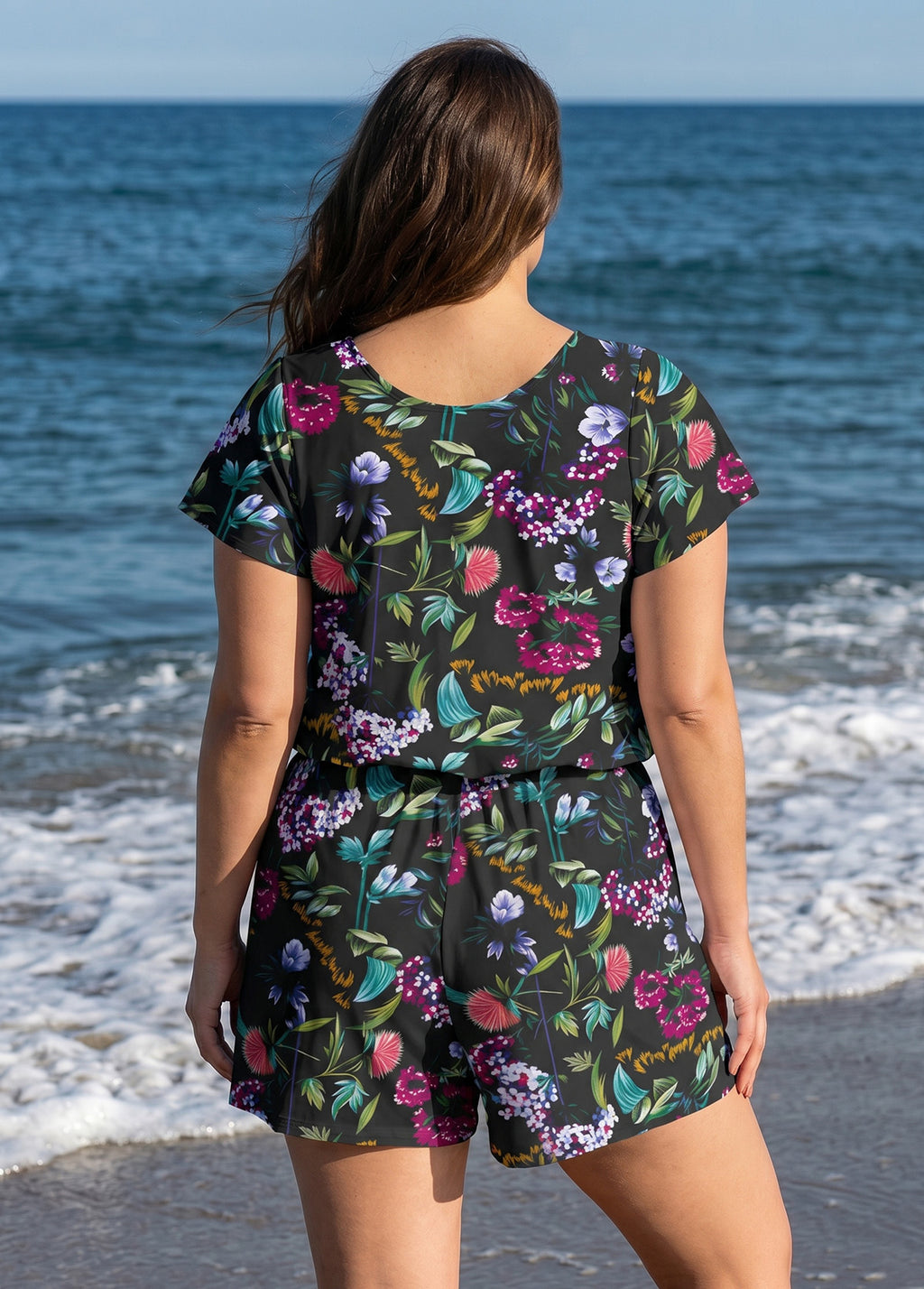 Plus Size Black Floral UPF50+ Short Sleeves Pocket Swimsuit One Piece Swim Romper