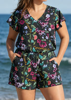 Plus Size Black Floral UPF50+ Short Sleeves Pocket Swimsuit One Piece Swim Romper