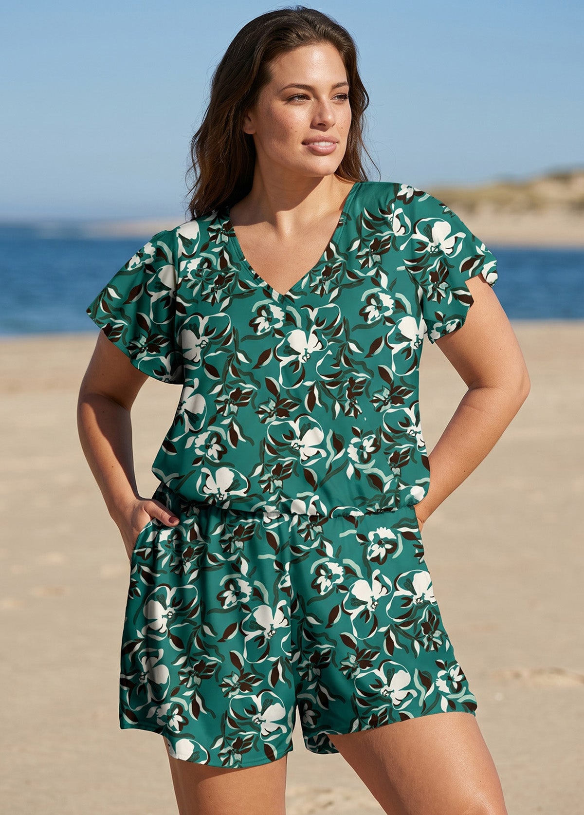 Green Floral UPF50+ Short Sleeves Pocket Curvy Women's Swimsuit One Piece Swim Romper