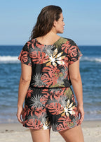 Black Pink Leaf UPF50+ Short Sleeves Pocket Plus Size Swimsuit One Piece Swim Romper