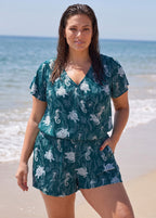 Green Print UPF50+ Short Sleeves Pocket Plus Size Swimsuit One Piece Swim Romper