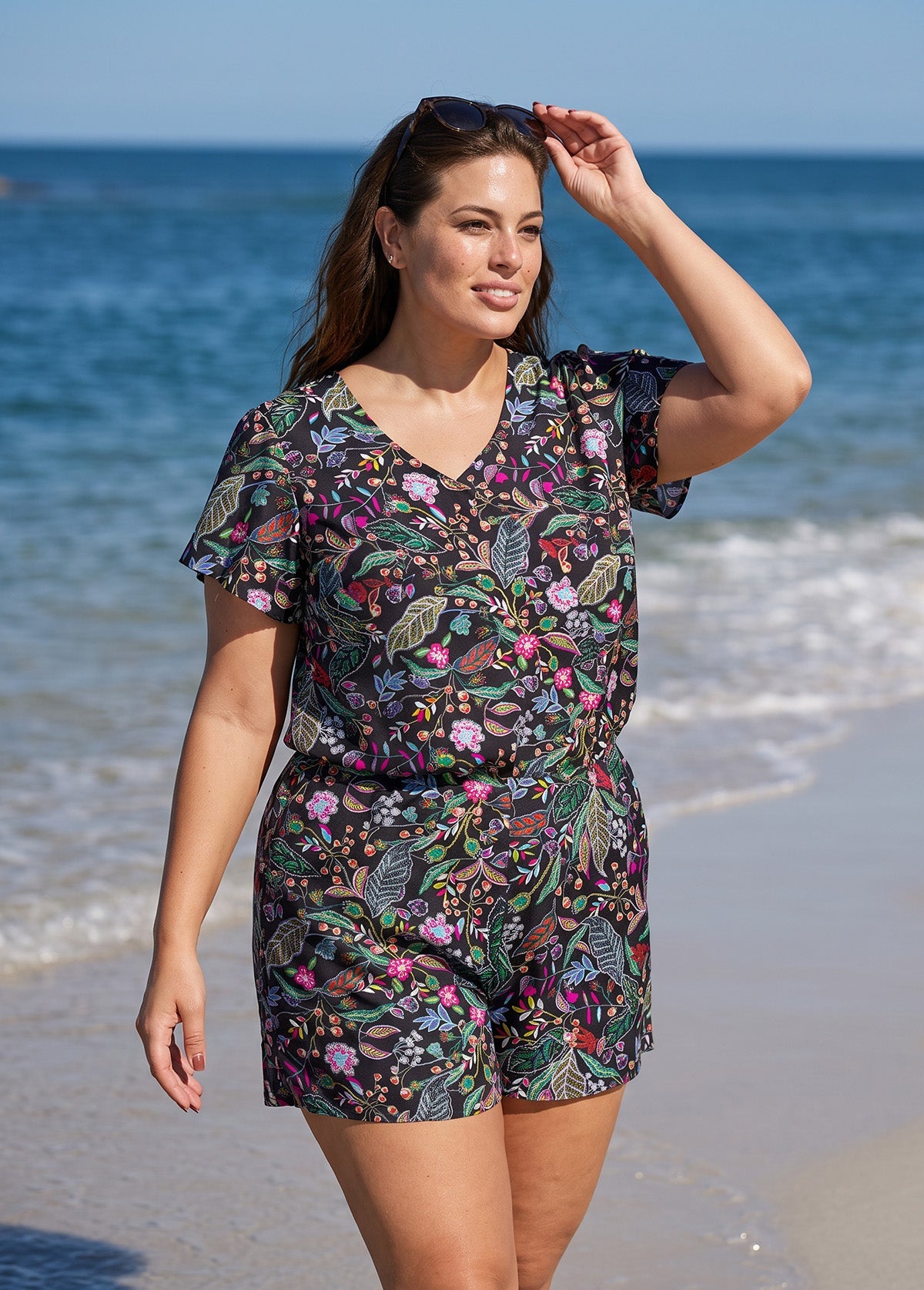 Black Floral UPF50+ Short Sleeves Pocket Curvy Swimsuit One Piece Swim Romper