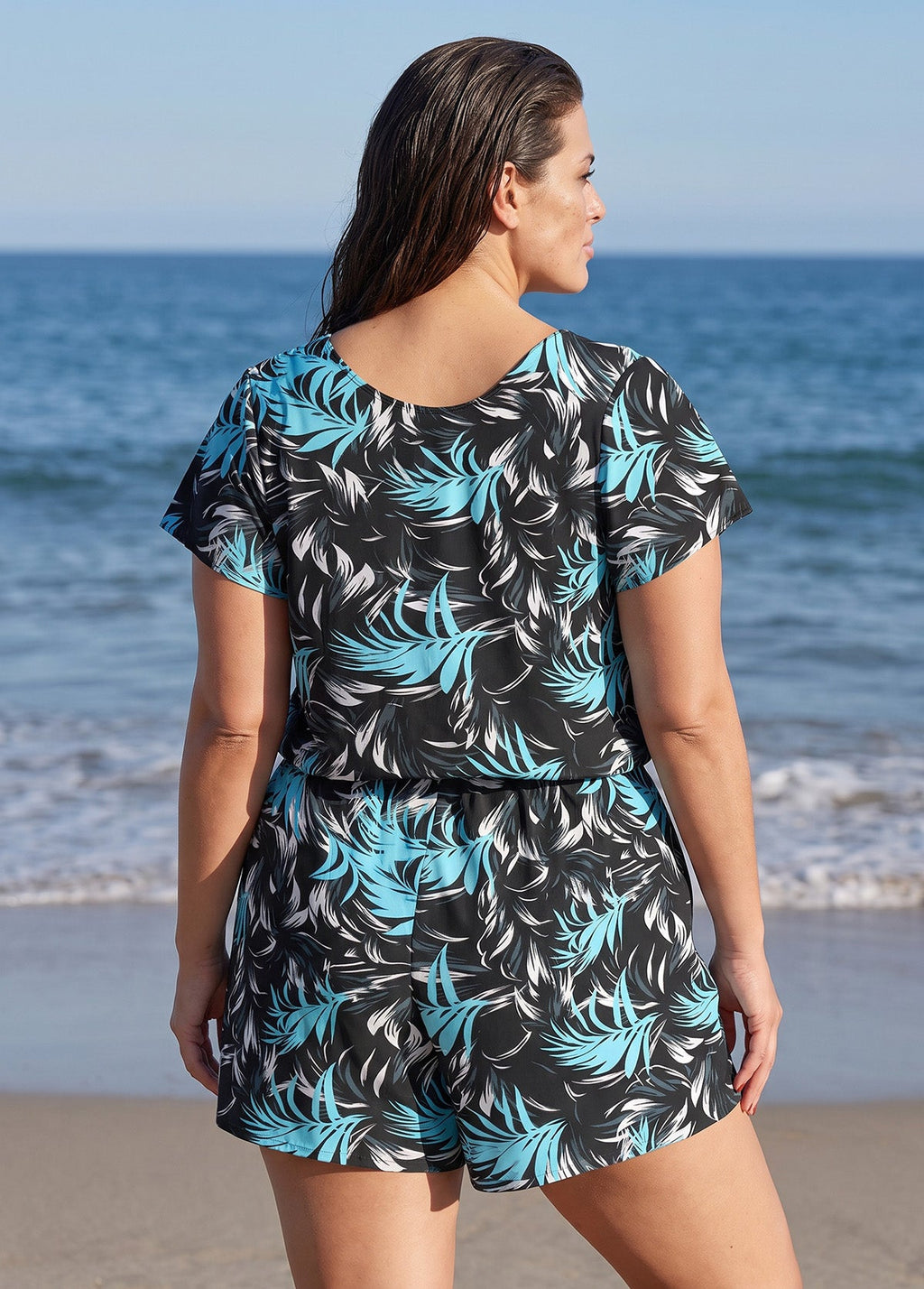 Curvy Black Leaf UPF50+ Short Sleeves Pocket Swimsuit One Piece Swim Romper