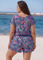 Purple Print UPF50+ Short Sleeves Pocket Curvy Swimsuit One Piece Swim Romper