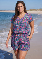 Purple Print UPF50+ Short Sleeves Pocket Curvy Swimsuit One Piece Swim Romper
