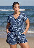 Navy Floral UPF50+ Short Sleeves Vintage Pocket Curvy Swimsuit One Piece Swim Romper