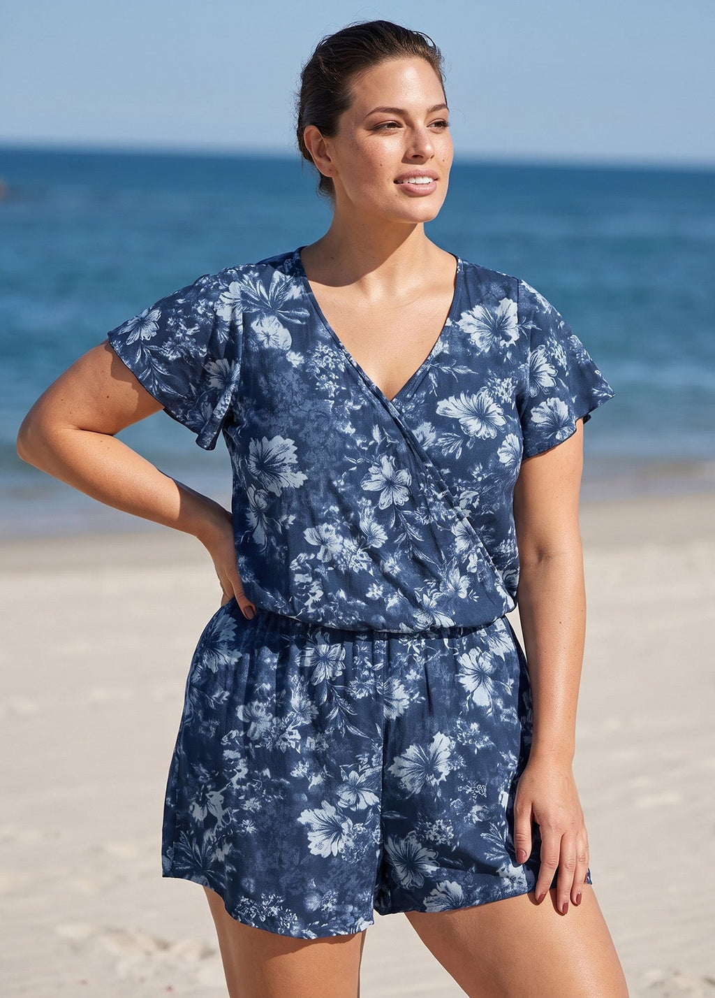 Navy Floral UPF50+ Short Sleeves Vintage Pocket Curvy Swimsuit One Piece Swim Romper