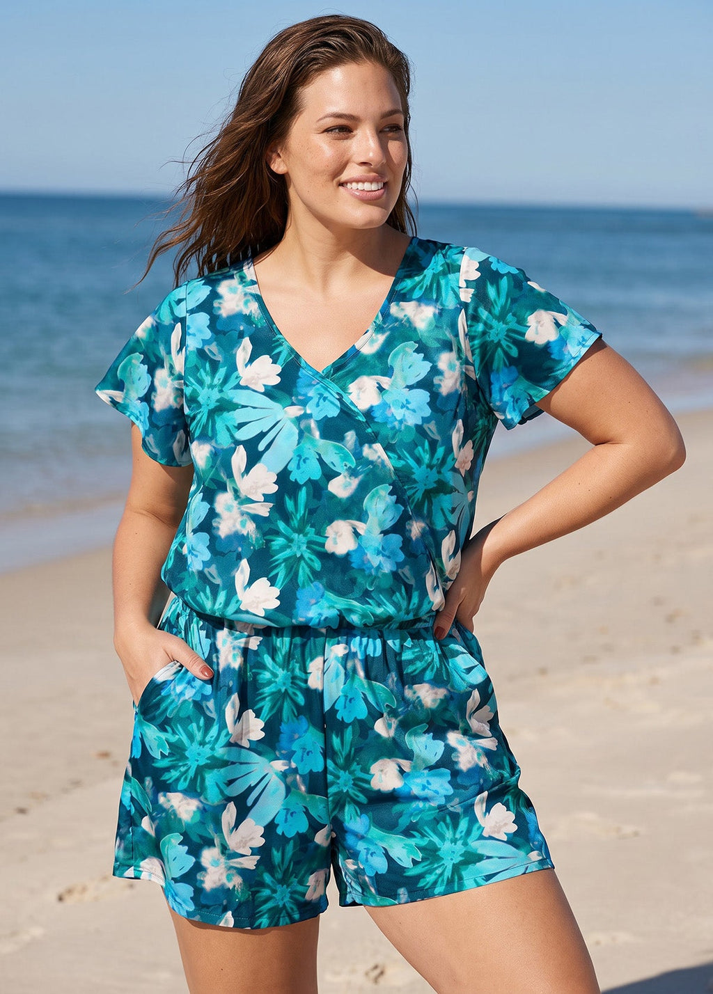 Plus Size Blue Tropical Floral UPF50+ Short Sleeves Pocket Swimsuit One Piece Swim Romper