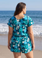 Plus Size Blue Tropical Floral UPF50+ Short Sleeves Pocket Swimsuit One Piece Swim Romper