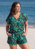 Black Tropical Leaf Print UPF50+ Short Sleeves Flattering Pocket Curvy One Piece Swim Romper
