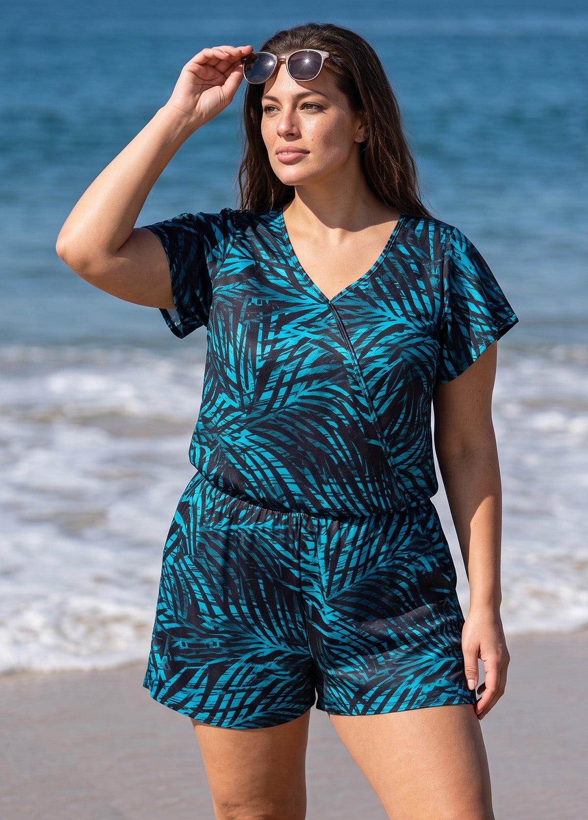 Plus Size Teal Leaf Print UPF50+ Short Sleeves Vintage Pocket One Piece Swim Romper