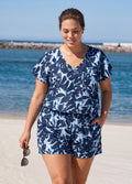 Curvy Navy Floral Print UPF50+ Short Sleeves Modest Pocket Women's One Piece Swim Romper
