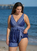 Navy Geometric Print V Neck Modest Wrap Pocket Plus Size Swimsuit One Piece Swim Romper
