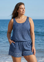 Blue Geometric Pattern Scoop Neck Vintage Wide Straps Pocket Curvy Swimsuit One Piece Swim Romper