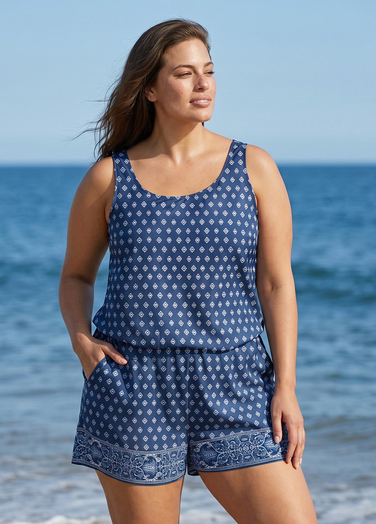 Blue Geometric Pattern Scoop Neck Vintage Wide Straps Pocket Curvy Swimsuit One Piece Swim Romper