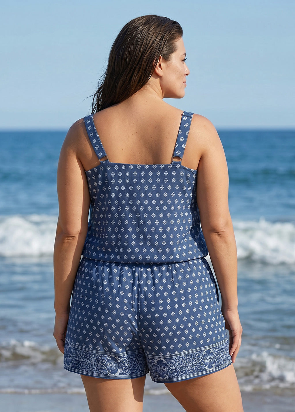 Blue Geometric Pattern Scoop Neck Vintage Wide Straps Pocket Curvy Swimsuit One Piece Swim Romper