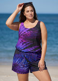 Purple Gradient Leaf Scoop Neck Wide Straps Pocket Plus Size Swimsuit One Piece Swim Romper