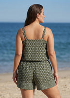 Plus Size Green Floral Scoop Neck Modest Wide Straps Pocket Swimsuit One Piece Swim Romper