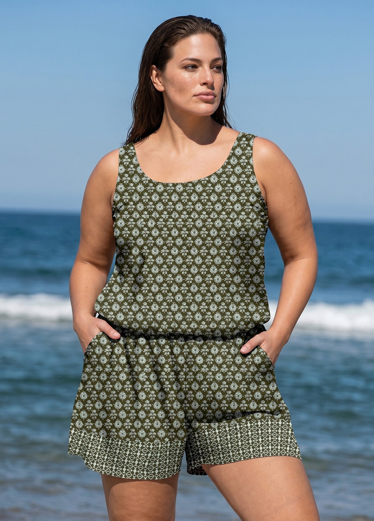 Plus Size Green Floral Scoop Neck Modest Wide Straps Pocket Swimsuit One Piece Swim Romper