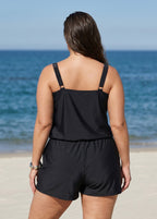 Blue Floral Scoop Neck Vintage Wide Straps Pocket Curvy Swimsuit One Piece Swim Romper
