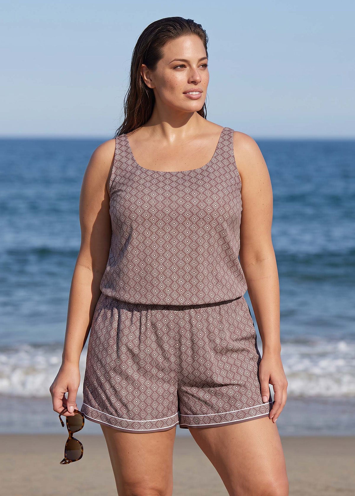 Plus Size Brown Geometric Pattern Scoop Neck Modest Wide Straps Pocket One Piece Swim Romper