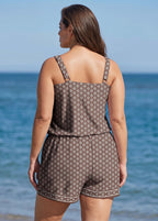 Plus Size Brown Geometric Pattern Scoop Neck Modest Wide Straps Pocket One Piece Swim Romper