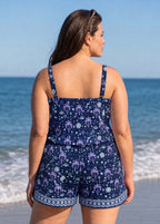 Purple Palm Print Scoop Neck Flattering Wide Straps Pocket Plus Size One Piece Swim Romper