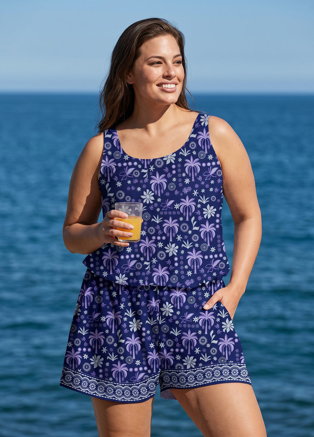 Purple Palm Print Scoop Neck Flattering Wide Straps Pocket Plus Size One Piece Swim Romper