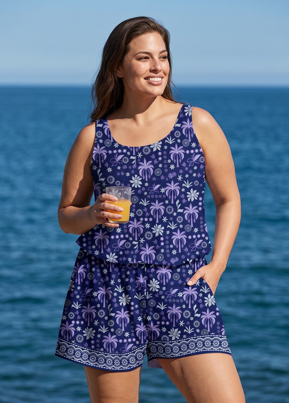 Purple Palm Print Scoop Neck Flattering Wide Straps Pocket Plus Size One Piece Swim Romper
