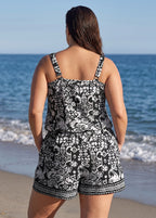 Curvy Black White Ikat Floral Scoop Neck Modest Wide Straps Pocket One Piece Swim Romper