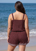 Plus Size Burgundy Geometric Print Scoop Neck Vintage Wide Straps Pocket One Piece Swim Romper