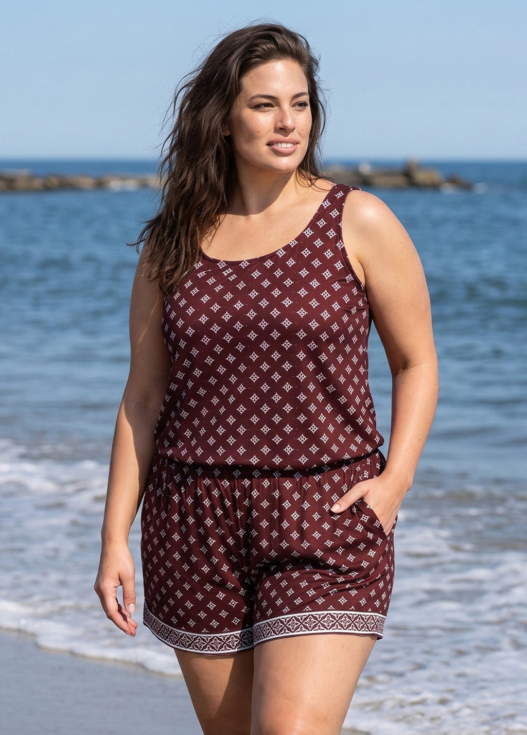 Plus Size Burgundy Geometric Print Scoop Neck Vintage Wide Straps Pocket One Piece Swim Romper