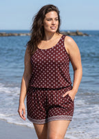 Plus Size Burgundy Geometric Print Scoop Neck Vintage Wide Straps Pocket One Piece Swim Romper