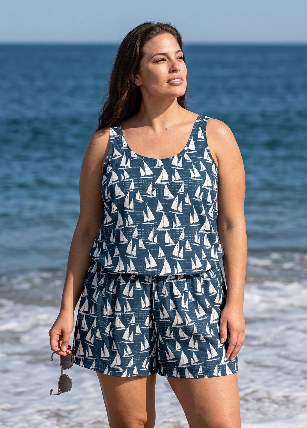 Plus Size Teal Sailboat Print Scoop Neck Flattering Wide Straps Pocket One Piece Swim Romper
