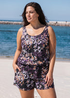 Curvy Black Floral Print Scoop Neck Vintage Wide Straps Pocket One Piece Swim Romper
