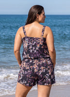 Curvy Black Floral Print Scoop Neck Vintage Wide Straps Pocket One Piece Swim Romper