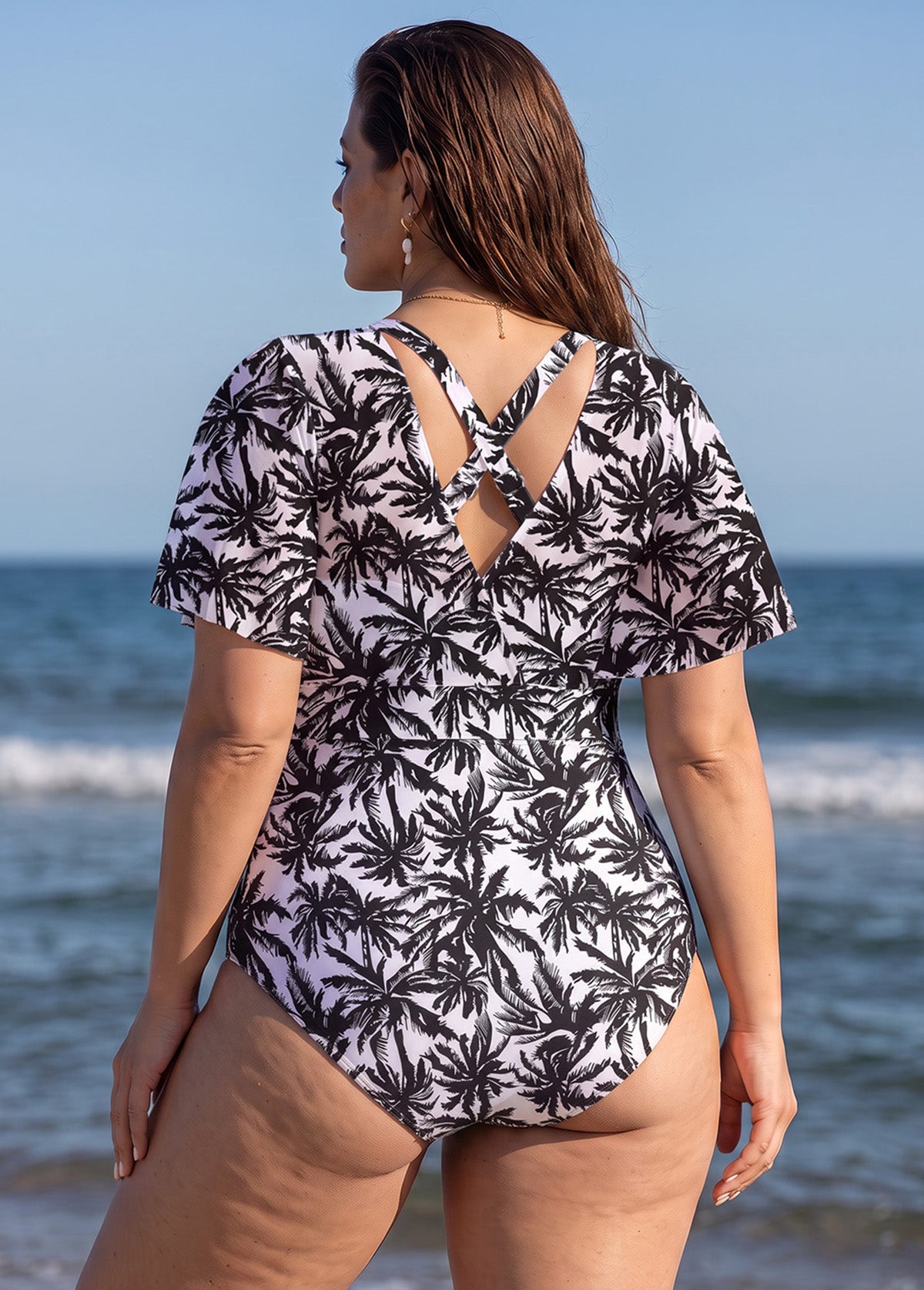 Black Palm Print Short Sleeve Wrap One Piece Swimsuit with High Slit Sarong Skirt Set