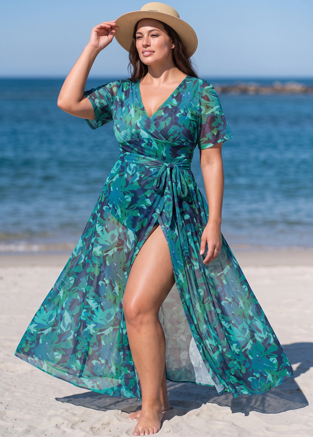 Green Leaf Short Sleeve Wrap Curvy One Piece Swimsuit with High Slit Sarong Skirt Set