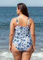 Curvy Blue Floral Sleeveless Wrap One Piece Swimsuit with High Slit Sarong Skirt Set