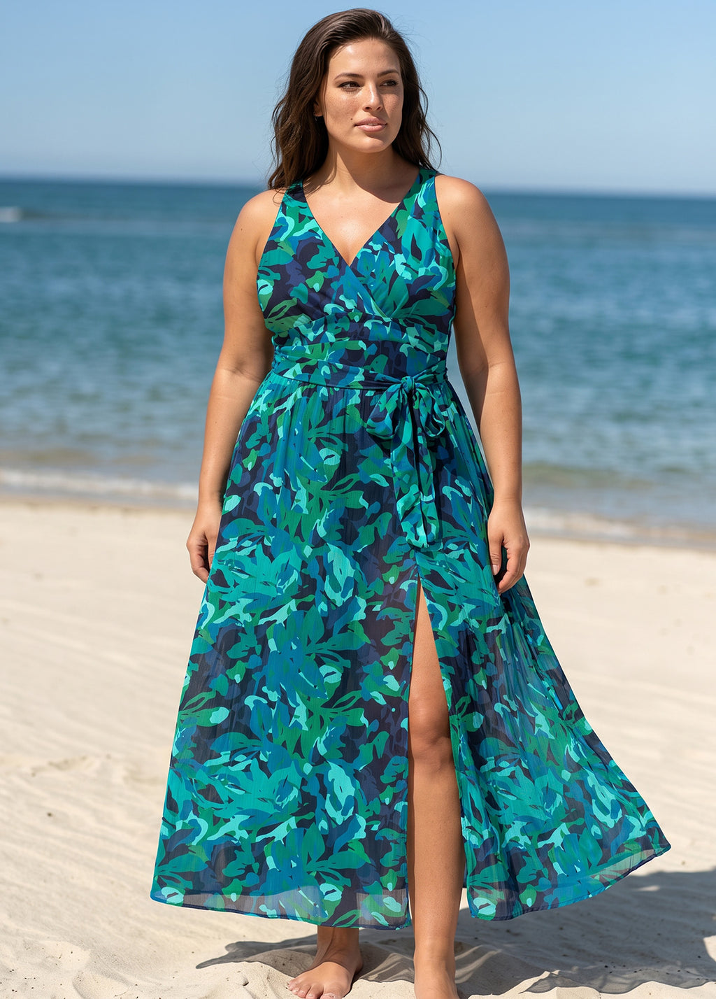 Plus Size Green Leaf Sleeveless Wrap One Piece Swimsuit with High Slit Sarong Skirt Set