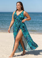 Plus Size Green Leaf Sleeveless Wrap One Piece Swimsuit with High Slit Sarong Skirt Set