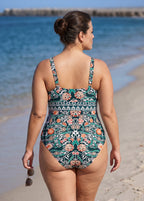 Green Vintage Floral Sleeveless Wrap One Piece Swimsuit with High Slit Sarong Skirt Set